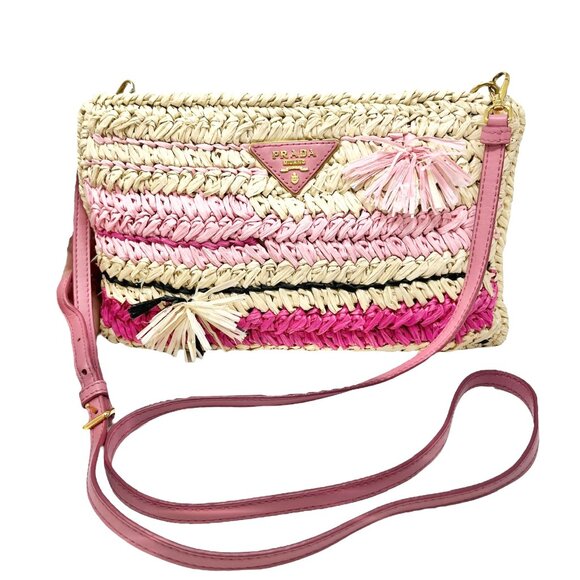 PRADA Vintage Logo Raffia Shoulder Bag Crossbody Zip Pink Cream [105238] - Picture 5 of 13